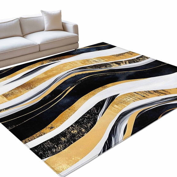 Area Rug 3x5ft Abstract Gold Black White Wave Washable Area Rugs for Living Room Modern Art Non Slip Floor Carpet Mat for Kitchen Entryway Bathroom Office Home Decor