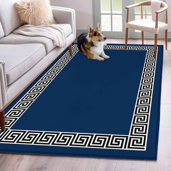 Area Rug 3x5ft Abstract Greek Inspired Key Texture Area Rugs Washable Low Pile Floor Carpet for Bedroom, Geometric Twist Line on Dark Blue Non Slip Soft Rugs for Living Room Entryway Dining Room