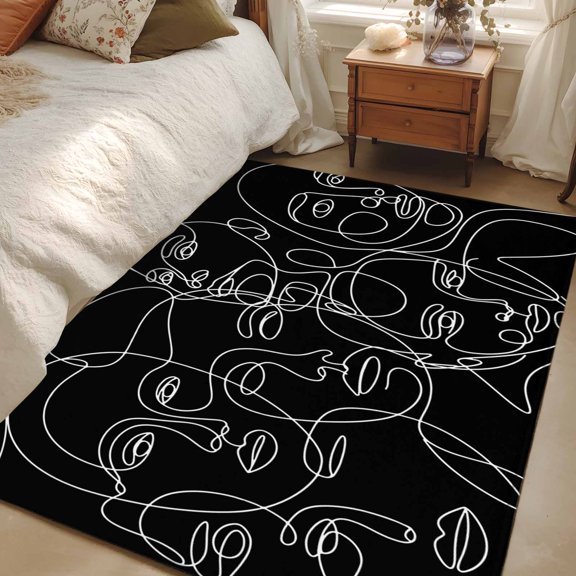 Area Rug 3x5ft Abstract Human Face Carpets Indoor Floor Area Mat Washable Entrance Mat Rugs for Living Room Dining Room Kitchen Bedroom, Aesthetic Portrait Lines Black Sofa Throw Carpet