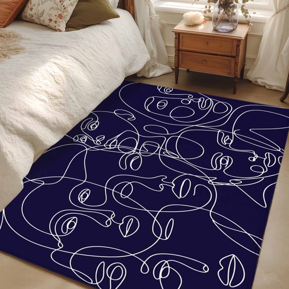 Area Rug 3x5ft Abstract Human Face Carpets Indoor Floor Area Mat Washable Entrance Mat Rugs for Living Room Dining Room Kitchen Bedroom, Aesthetic Portrait Lines Blue Sofa Throw Carpet