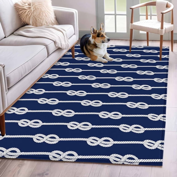 Area Rug 3x5ft Abstract Knot on Blue Background Area Rugs Washable Low Pile Floor Carpet for Bedroom, Nautical Knots Texture Non Slip Soft Rugs for Living Room Entryway Dining Room