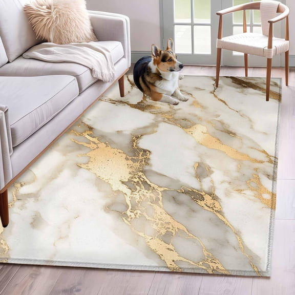 Area Rug 3x5ft Abstract Marble Texture Pattern Area Rugs Washable Low Pile Floor Carpet for Bedroom, Gold White Gradient Non Slip Soft Rugs for Living Room Entryway Dining Room
