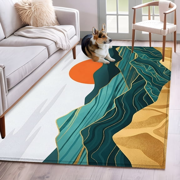 Area Rug 3x5ft Abstract Mountain Range Sun Area Rugs Washable Low Pile Floor Carpet for Bedroom, Vintage Boho Art Non Slip Soft Rugs for Living Room Entryway Dining Room