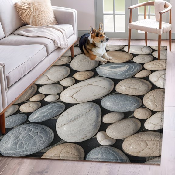Area Rug 3x5ft Abstract Natural Grey Cobblestone Area Rugs Washable Low Pile Floor Carpet for Bedroom, Modern Grey Pebble Stone Non Slip Soft Rugs for Living Room Entryway Dining Room