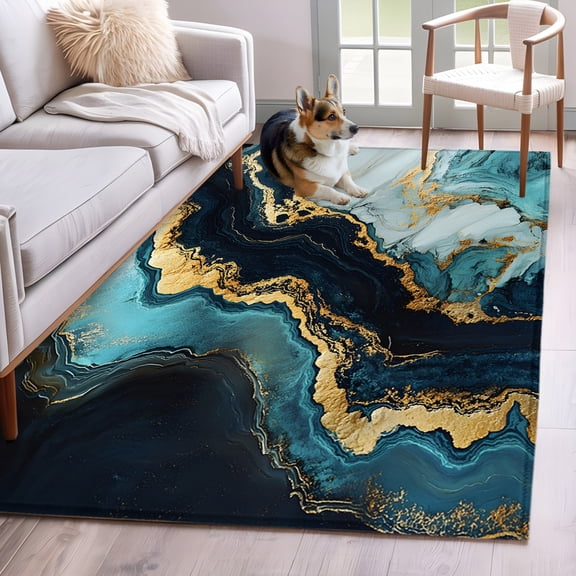 Area Rug 3x5ft Abstract Natural Marble Teal Black Area Rugs Washable Low Pile Floor Carpet for Bedroom, Gold Stripe Crack Stone Non Slip Soft Rugs for Living Room Entryway Dining Room