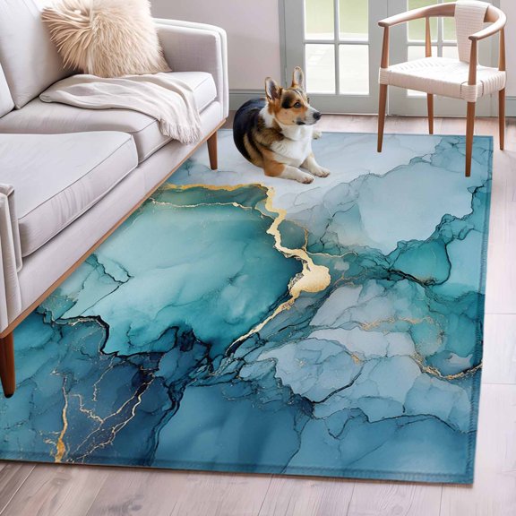 Area Rug 3x5ft Abstract Natural Teal Marble Rock Area Rugs Washable Low Pile Floor Carpet for Bedroom, Watercolor Gradient Stone Non Slip Soft Rugs for Living Room Entryway Dining Room