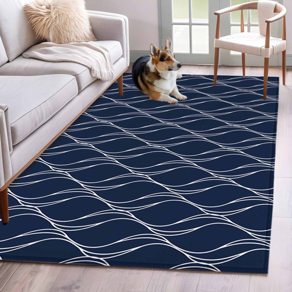 Area Rug 3x5ft Abstract Navy Blue Waves Line Area Rugs Washable Low Pile Floor Carpet for Bedroom, Classic White Striped Wavy Non Slip Soft Rugs for Living Room Entryway Dining Room