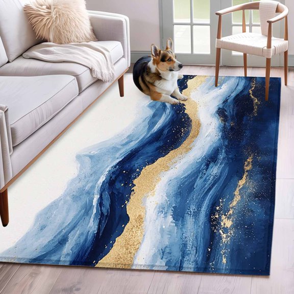 Area Rug 3x5ft Abstract Ocean Rough Sea Area Rugs Washable Low Pile Floor Carpet for Bedroom, Marine Big Wave Navy Blue Gold Non Slip Soft Rugs for Living Room Entryway Dining Room