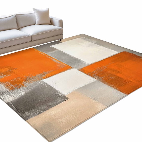 Area Rug 3x5ft Abstract Orange White Gray Oil Painting Washable Area Rugs for Living Room Retro Art Non Slip Floor Carpet Mat for Kitchen Entryway Bathroom Office Home Decor