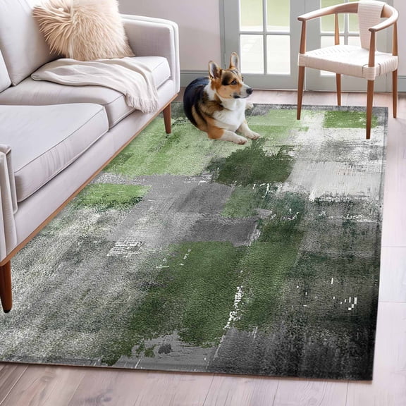 Area Rug 3x5ft Abstract Sage Green Grey Area Rugs Washable Low Pile Floor Carpet for Bedroom, Vintage Graffiti Texture Non Slip Soft Rugs for Living Room Entryway Dining Room