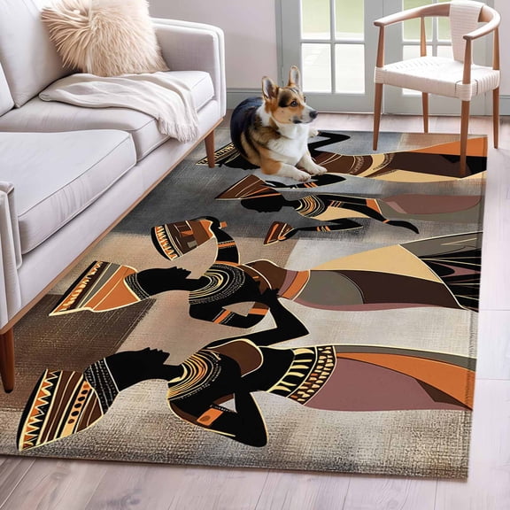 Area Rug 3x5ft African Ethnic Black Women Dancing Area Rugs Washable Low Pile Floor Carpet for Bedroom, Abstract Africa Tribal Non Slip Soft Rugs for Living Room Entryway Dining Room