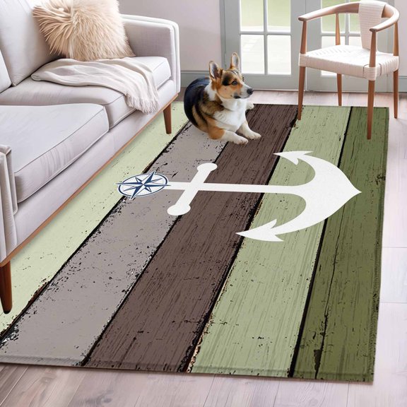Area Rug 3x5ft Anchor on Sage Green Farm Wood Grain Area Rugs Washable Low Pile Floor Carpet for Bedroom, White Nautical Compass Non Slip Soft Rugs for Living Room Entryway Dining Room