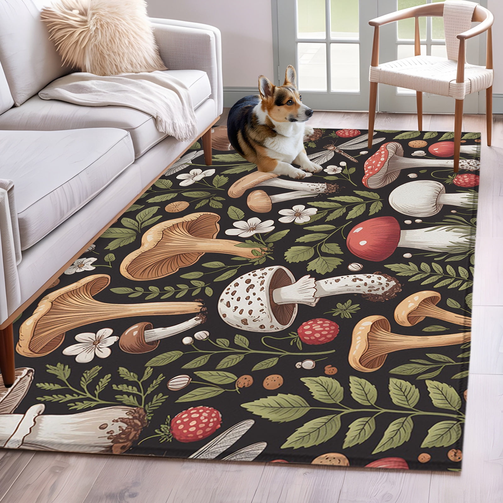 Area Rug 3x5ft, Autumn Forest Mushroom Leaf Washable Rugs for