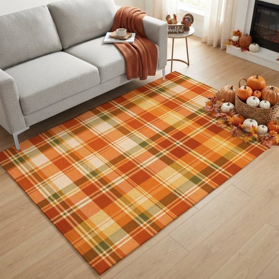 Area Rug 3x5ft, Autumn Season Orange Plaid Washable Rugs for Living Room Bedroom, Thanksgiving Theme Check Soft Non-slip Area Rugs Rectangle Floor Carpet for Dining Room