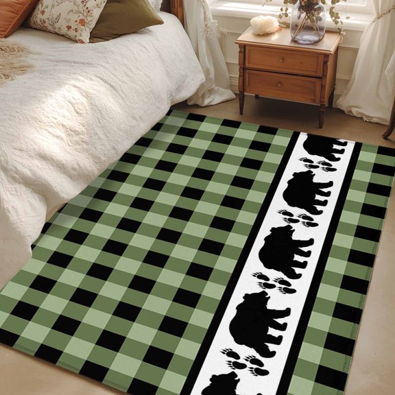Area Rug 3x5ft Bear Footprints Green Buffalo Plaid Carpets Indoor Floor Area Mat Washable Entrance Mat Rugs for Living Room Dining Room Kitchen Bedroom, Forest Animals Sofa Throw Carpet