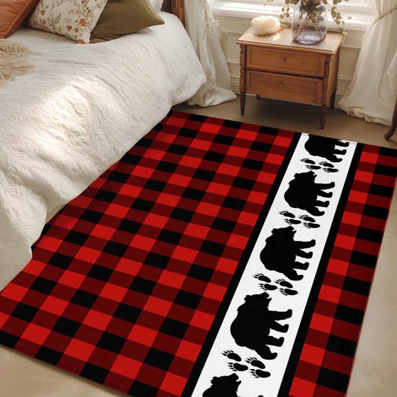 Area Rug 3x5ft Bear Footprints Red Buffalo Plaid Carpets Indoor Floor Area Mat Washable Entrance Mat Rugs for Living Room Dining Room Kitchen Bedroom, Forest Animals Sofa Throw Carpet