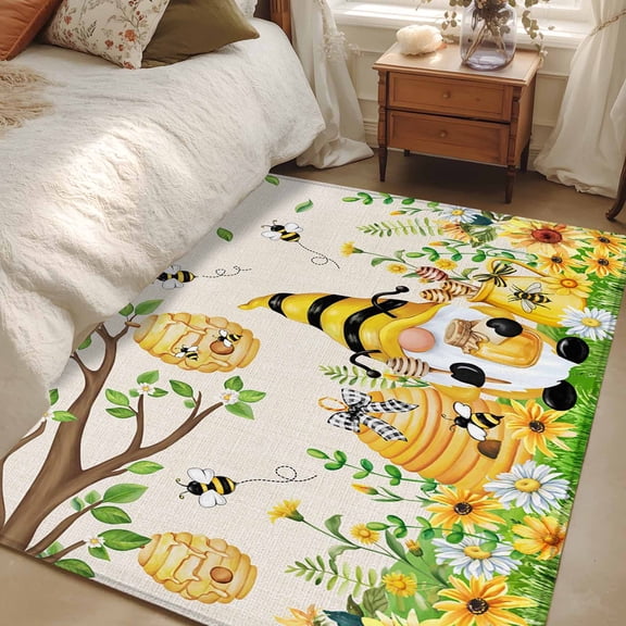 Area Rug 3x5ft Bee Gnome Carpets Indoor Floor Area Mat Washable Entrance Mat Rugs for Living Room Dining Room Kitchen Bedroom, Sunflower Daisy Flower Linen Honeycomb Sofa Throw Carpet