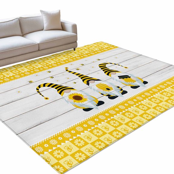 Area Rug 3x5ft Bee Gnomes Sunflower Washable Area Rugs for Living Room Wood Grain Yellow Buffalo Non Slip Floor Carpet Mat for Kitchen Entryway Bathroom Office Home Decor
