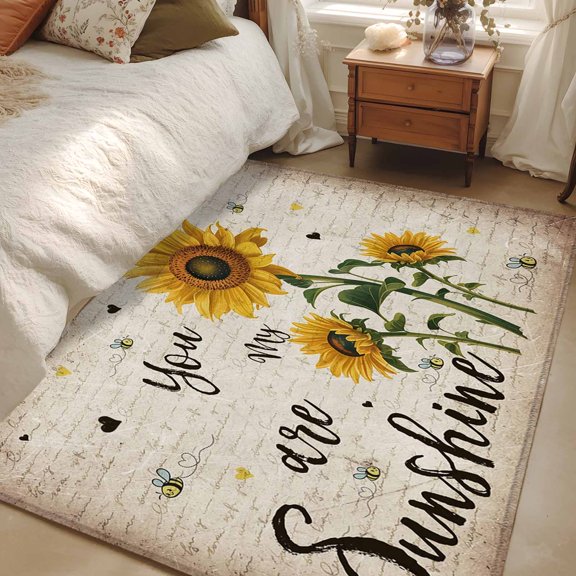 Area Rug 3x5ft Bee Sunflower Carpets Indoor Floor Area Mat Washable Entrance Mat Rugs for Living Room Dining Room Kitchen Bedroom, Retro You Are My Sunshine Sofa Throw Carpet