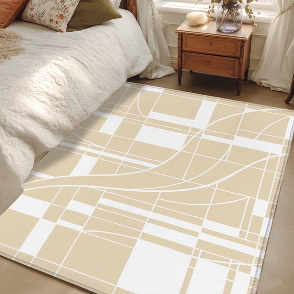 Area Rug 3x5ft Beige Lines Carpets Indoor Floor Area Mat Washable Entrance Mat Rugs for Living Room Dining Room Kitchen Bedroom, Modern Abstract Art Sofa Throw Carpet