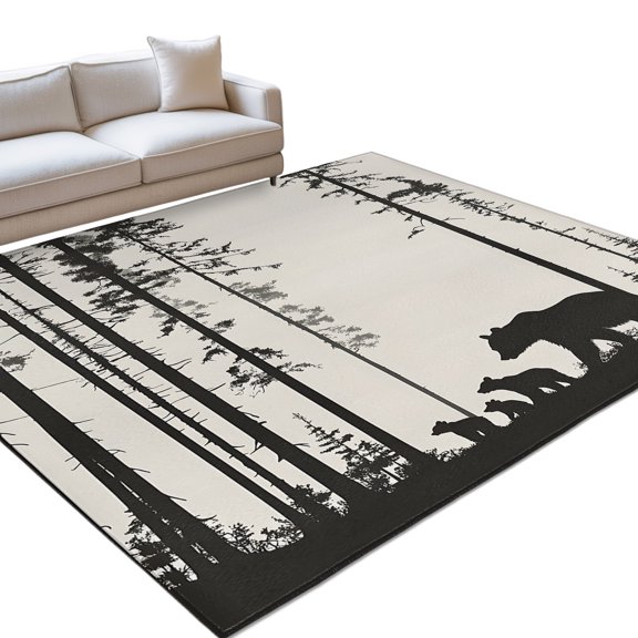 Area Rug 3x5ft Black Bears Trees Forest Washable Area Rugs for Living Room Silhouette Art Non Slip Floor Carpet Mat for Kitchen Entryway Bathroom Office Home Decor