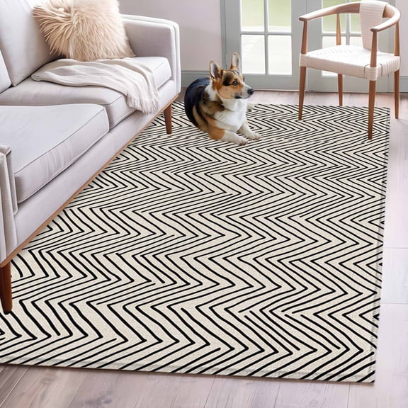 Area Rug 3x5ft Black Herringbone Retro Linen Area Rugs Washable Low Pile Floor Carpet for Bedroom, Abstract Geometric Texture Non Slip Soft Rugs for Living Room Entryway Dining Room