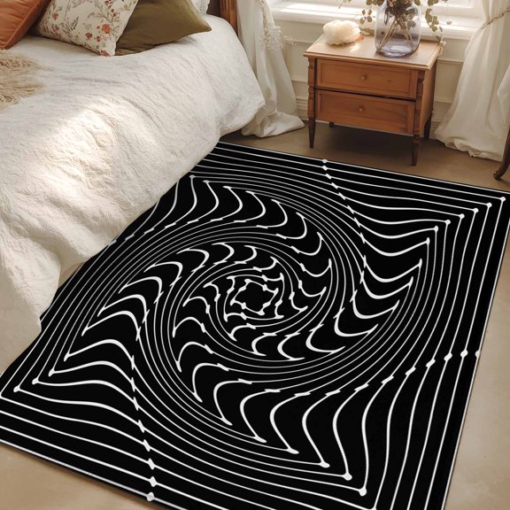 Area Rug 3x5ft Black Inverse Vortex Carpets Indoor Floor Area Mat Washable Entrance Mat Rugs for Living Room Dining Room Kitchen Bedroom, Abstract Warped Waves Sofa Throw Carpet