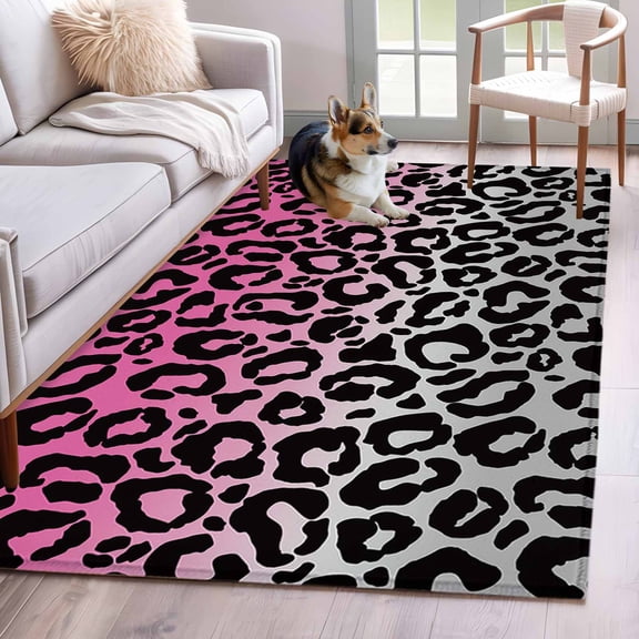 Area Rug 3x5ft Black Leopard Animal Print Texture Area Rugs Washable Low Pile Floor Carpet for Bedroom, Pink Gradient Back Non Slip Soft Rugs for Living Room Entryway Dining Room
