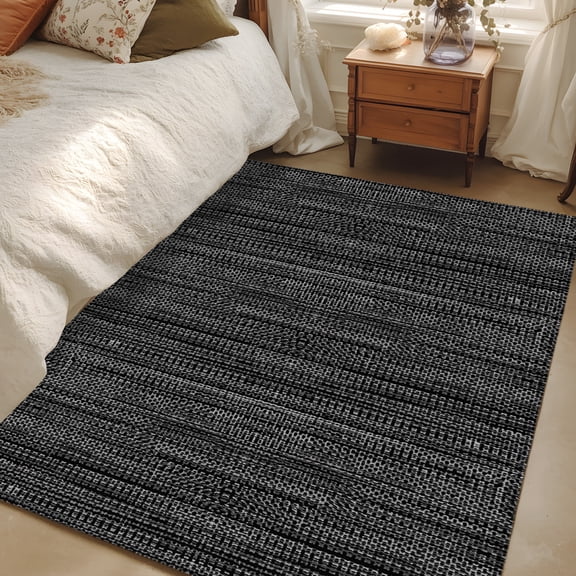 Area Rug 3x5ft Black Linen Weave Texture Floor Carpets Indoor Floor Area Mat Doormat Entrance Mat Rugs for Entry Living Room Dining Room Kitchen Bedroom, Solid Color Sofa Throw Carpet