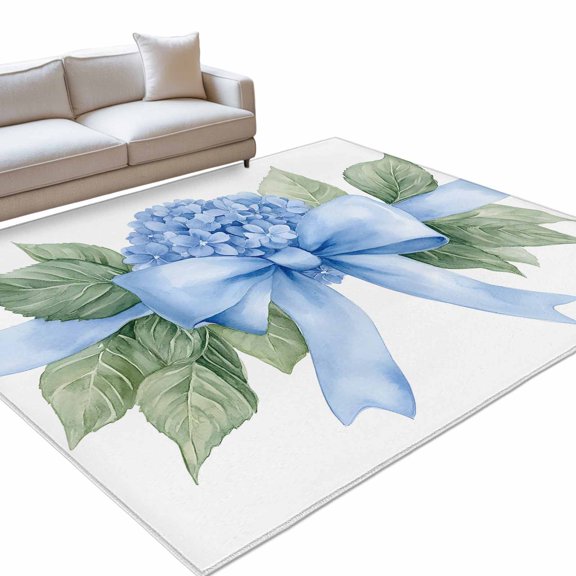 Area Rug 3x5ft Blue Bow Hydrangea Washable Area Rugs for Living Room Flower Leaf Non Slip Floor Carpet Mat for Kitchen Entryway Bathroom Office Home Decor
