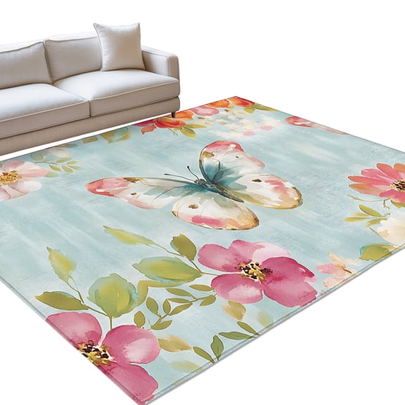 Area Rug 3x5ft Blue Butterfly Washable Area Rugs for Living Room Spring Pink Floral Non Slip Floor Carpet Mat for Kitchen Entryway Bathroom Office Home Decor