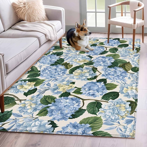 Area Rug 3x5ft Blue Flower Hydrangea Green Leaf Area Rugs Washable Low Pile Floor Carpet for Bedroom, Watercolor Floral Non Slip Soft Rugs for Living Room Entryway Dining Room