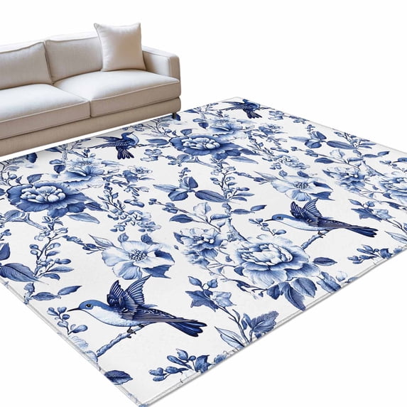 Area Rug 3x5ft Blue Flowers Washable Area Rugs for Living Room Bird Non Slip Floor Carpet Mat for Kitchen Entryway Bathroom Office Home Decor