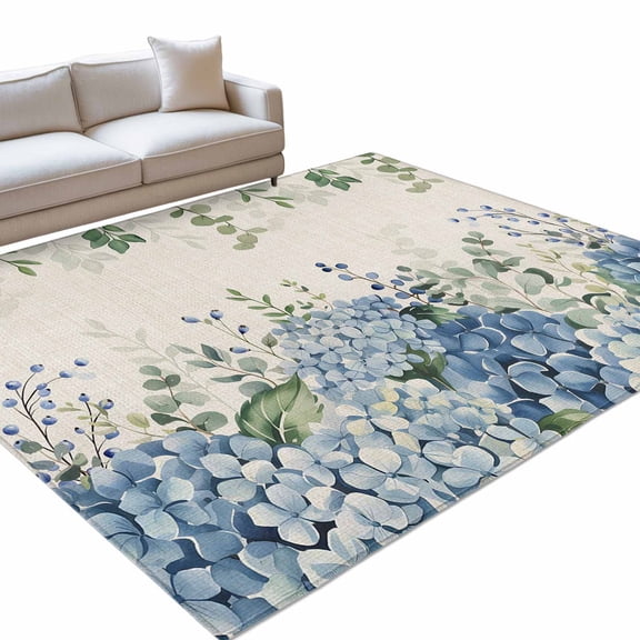 Area Rug 3x5ft Blue Hydrangeas Leaves Washable Area Rugs for Living Room Floral Retro Non Slip Floor Carpet Mat for Kitchen Entryway Bathroom Office Home Decor