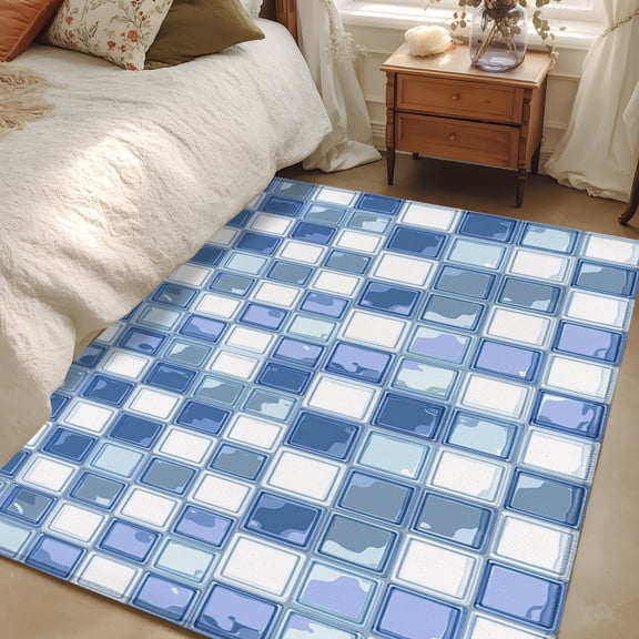 Area Rug 3x5ft Blue Mosaic Tiles Floor Carpets Indoor Floor Area Mat Doormat Entrance Mat Rugs for Entry Living Room Dining Room Kitchen Bedroom, Checkerboard Squares Sofa Throw Carpet
