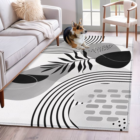 Area Rug 3x5ft Bohemian Arch Abstract Geometric Area Rugs Washable Low Pile Floor Carpet for Bedroom, Gray Tropical Palm Leaf Non Slip Soft Rugs for Living Room Entryway Dining Room