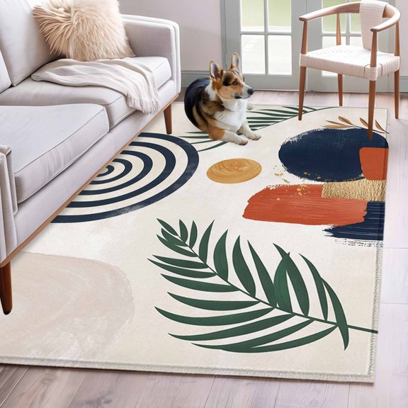 Area Rug 3x5ft Bohemian Arch Stripe Tropical Palm Leaf Area Rugs Washable Low Pile Floor Carpet for Bedroom, Abstract Geometric ﻿art Non Slip Soft Rugs for Living Room Entryway Dining Room