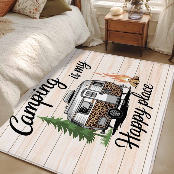 Area Rug 3x5ft Camping Is My Happy Place Floor Carpets Indoor Floor Area Mat Doormat Entrance Mat Rugs for Entry Living Room Dining Room Kitchen Bedroom, Camper Van Tree Flame Wood Sofa Throw Carpet
