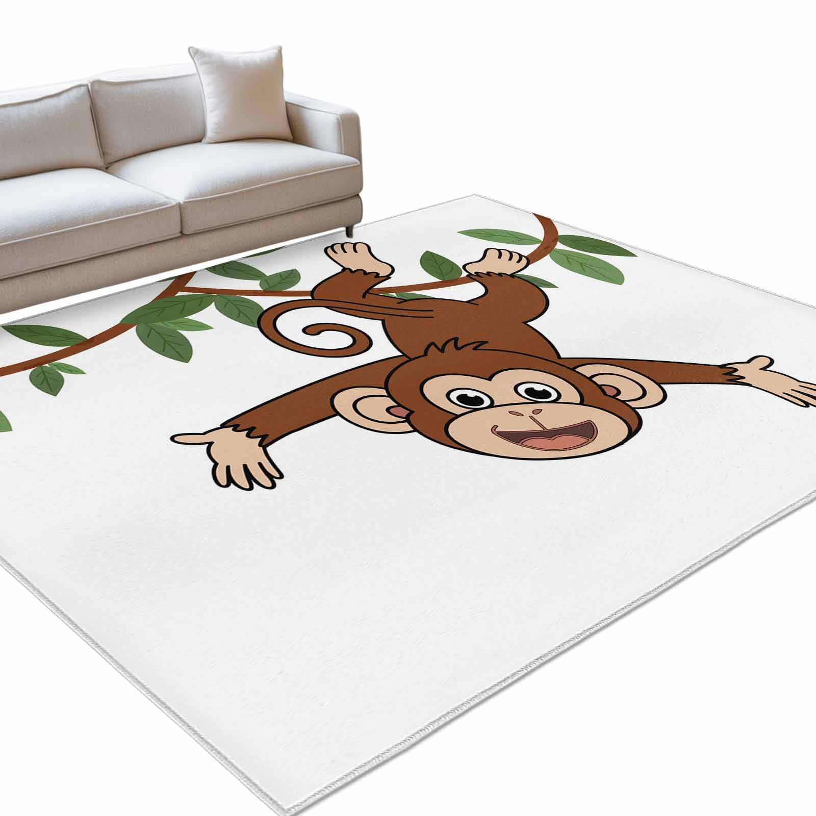 Area Rug 3x5ft, Cartoon Funny Monkey Green Leaves on White Washable ...