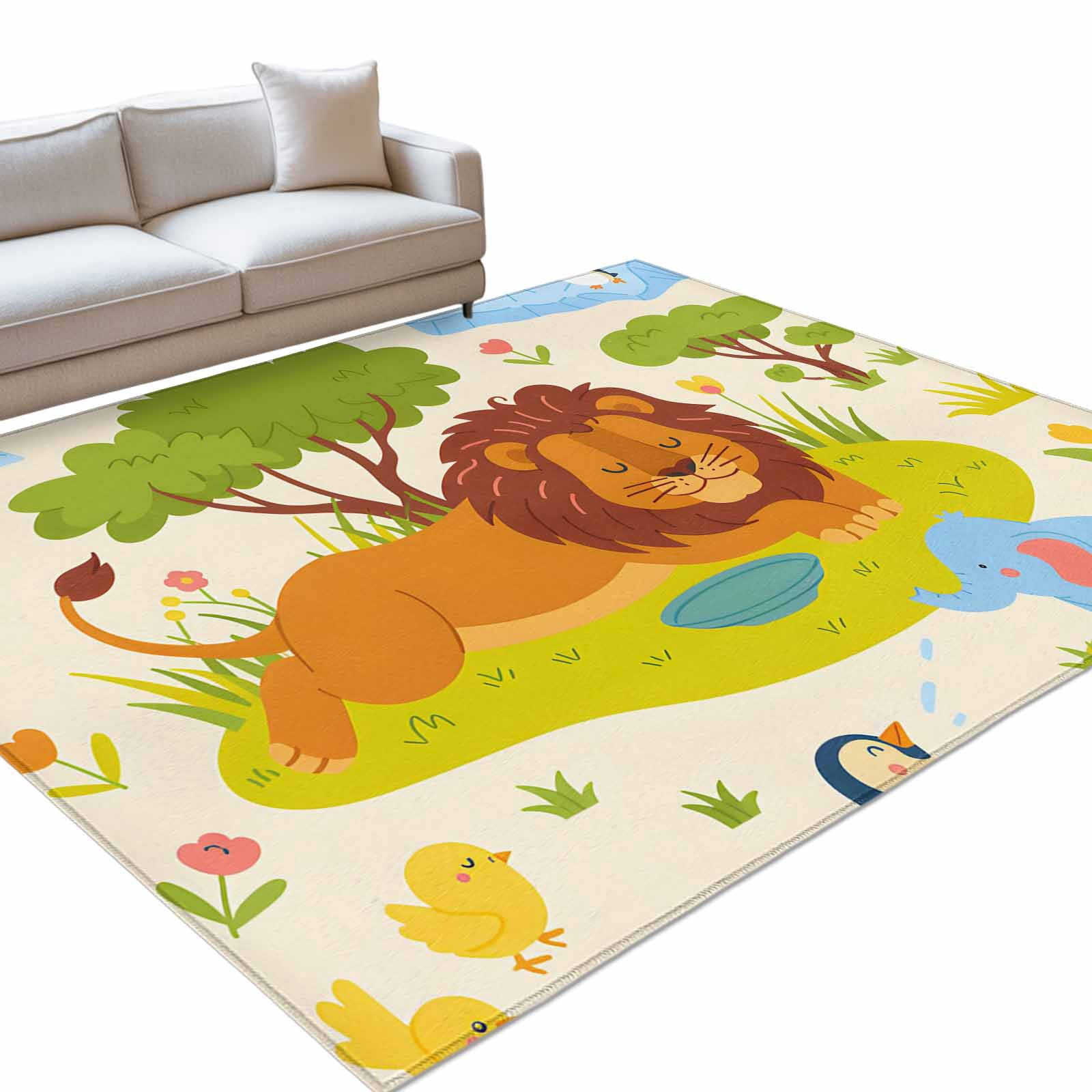 Area Rug 3x5ft, Cartoon Lion Elephant Penguins Washable Rugs for Living ...