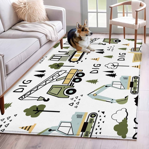 Area Rug 3x5ft Cartoon Tractor Digger Shovel Area Rugs Washable Low Pile Floor Carpet for Bedroom, Cute Truck Car Themed Non Slip Soft Rugs for Living Room Entryway Dining Room