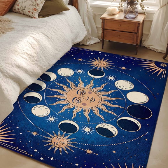 Area Rug 3x5ft Celestial Sun and Moon Carpets Indoor Floor Area Mat Washable Entrance Mat Rugs for Living Room Dining Room Kitchen Bedroom, Blue Starry Galaxy Boho Sofa Throw Carpet