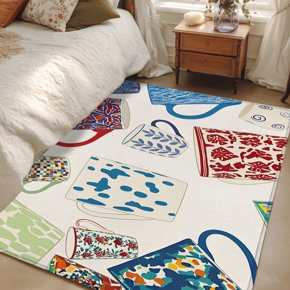 Area Rug 3x5ft Ceramic Mugs Floor Carpets Indoor Floor Area Mat Doormat Entrance Mat Rugs for Entry Living Room Dining Room Kitchen Bedroom, Colorful Tea Cup Sofa Throw Carpet