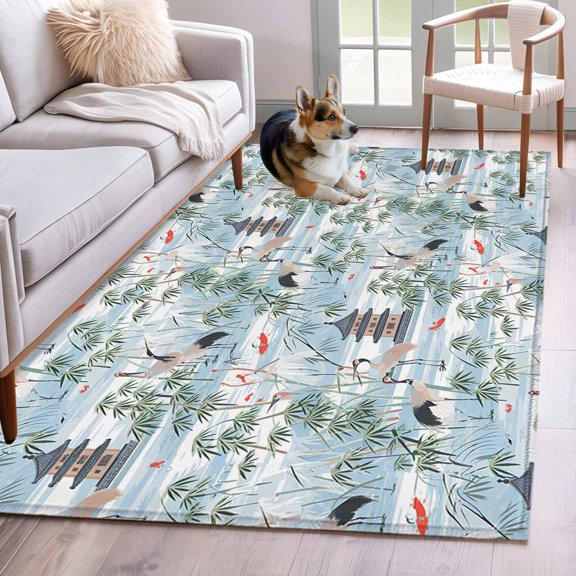 Area Rug 3x5ft Chinese Style Tower Leaf Crane Area Rugs Washable Low Pile Floor Carpet for Bedroom, Chinoiserie Blue Gradient Non Slip Soft Rugs for Living Room Entryway Dining Room