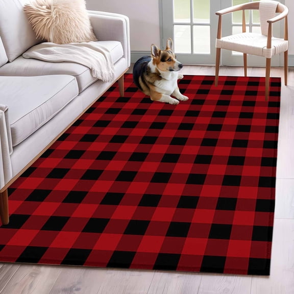 Area Rug 3x5ft Christmas Farm Red Black Buffalo Plaid Area Rugs Washable Low Pile Floor Carpet for Bedroom, Pastoral Check Grid Non Slip Soft Rugs for Living Room Entryway Dining Room