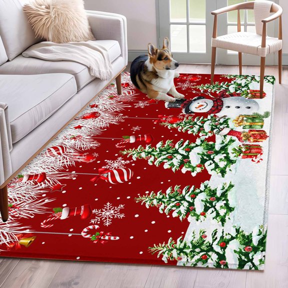 Area Rug 3x5ft Christmas Tree Snowman Area Rugs Washable Low Pile Floor Carpet for Bedroom, Winter Snowflake Fir Leaf on Red Non Slip Soft Rugs for Living Room Entryway Dining Room