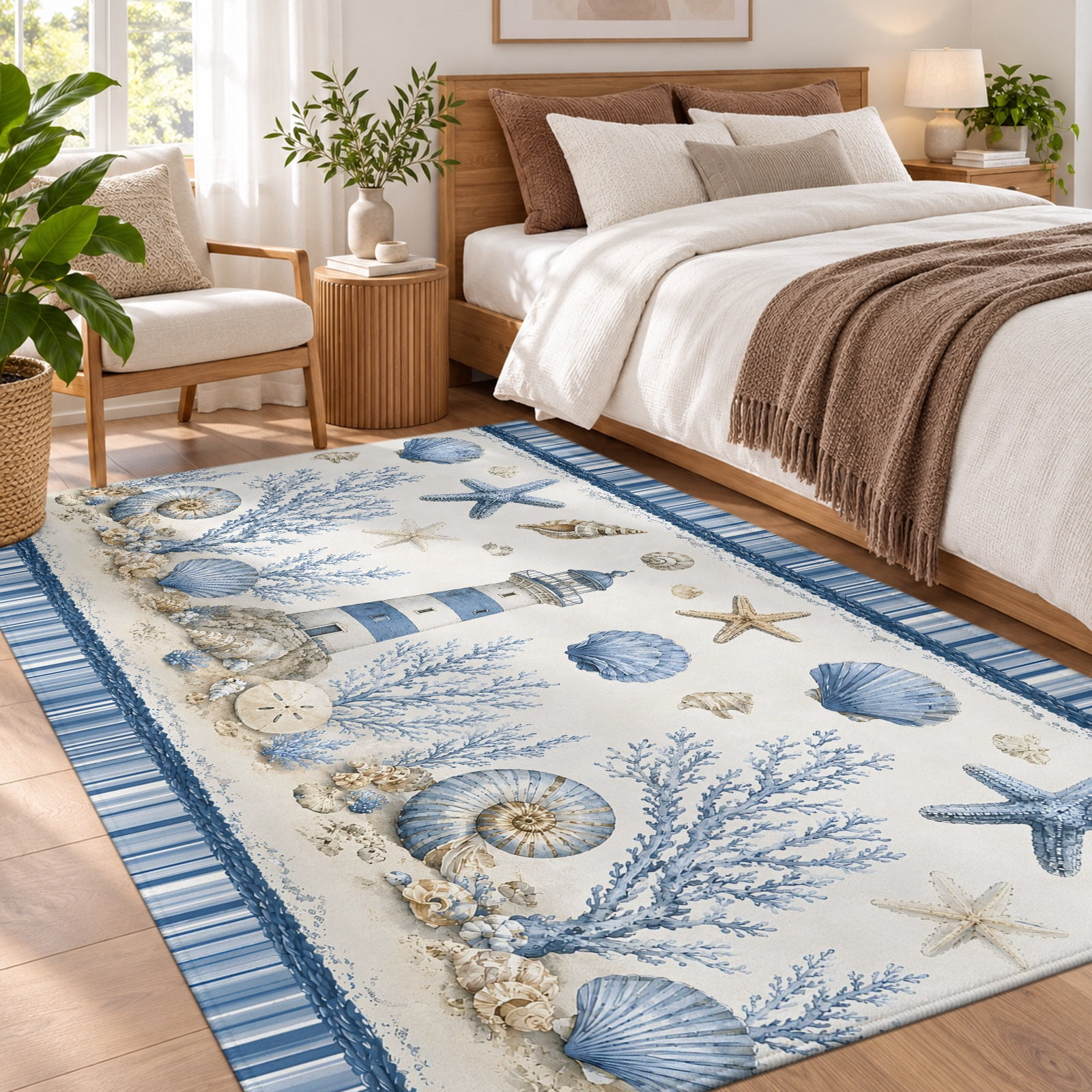 Conch Shell Fod Area Rug 3x5ft Coastal Lighthouse Blue Stripe Low Pile Washable Rug ...