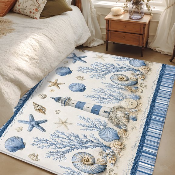Area Rug 3x5ft Coastal Lighthouse Floor Carpets Indoor Floor Area Mat Doormat Entrance Mat Rugs for Entry Living Room Dining Room Kitchen Bedroom, Blue Ocean Seaweed Shell Conch Sofa Throw Carpet