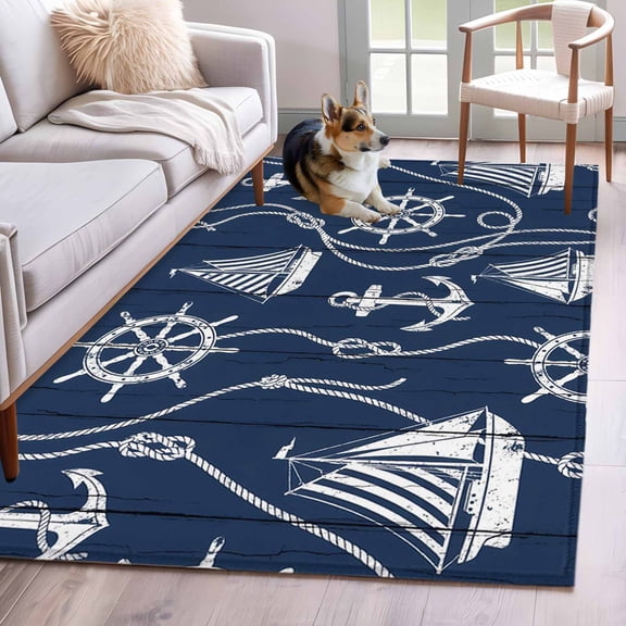 Area Rug 3x5ft Coastal Sailboat Compass Anchor Area Rugs Washable Low Pile Floor Carpet for Bedroom, Nautical Theme Navy Blue Wood Non Slip Soft Rugs for Living Room Entryway Dining Room
