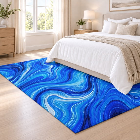 Area Rug 3x5ft Cobalt Blue Swirling Waves Low Pile Washable Rug Soft ...